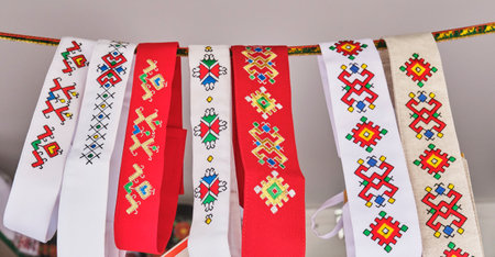 Fabric headbands with embroidered traditional colorful Chuvash pattern for women's national costume....