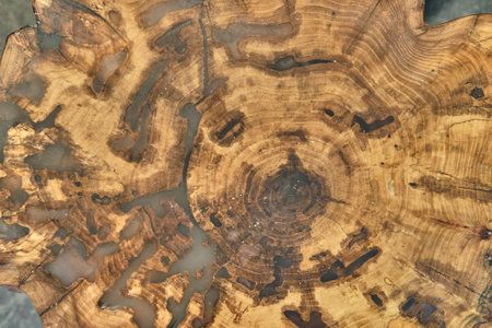Wooden tabletop with natural cracks and cavities filled with epoxy resin as abstract backgroundの写真素材