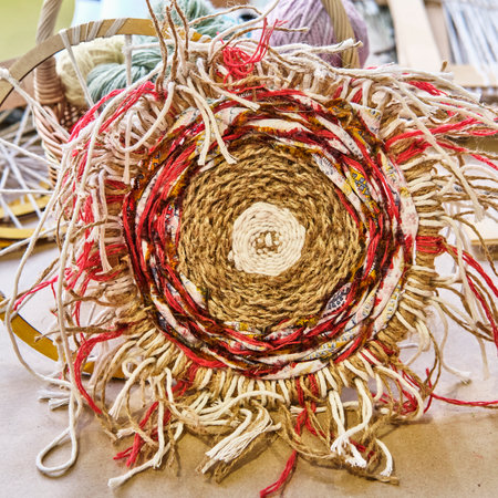 Round handmade woven tapestry crafted on an embroidery hoop, featuring jute, yarn, and colorful fabric strips. Rustic and bohemian fiber art with textured, organic design.の写真素材