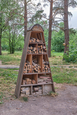 A wooden insect hotel filled with natural materials like logs, bark, and bricks, standing in a green forest park. Eco-friendly structure supporting biodiversity.の写真素材