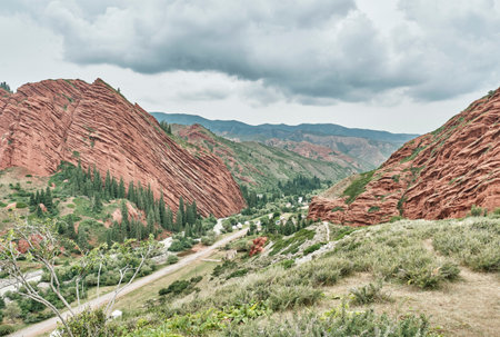 Panoramic view of the Jeti-Oguz, Seven Bulls, gorge in Kyrgyzstan. Striking red rock slopes and lush green pine forests under a dramatic, cloudy sky.の写真素材