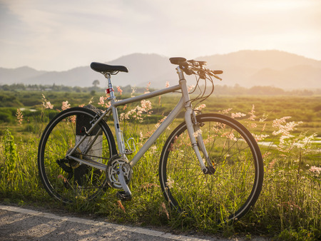 Landscape picture Vintage Bicycle with Summer grass field at sunset ; vintage filter style.の写真素材