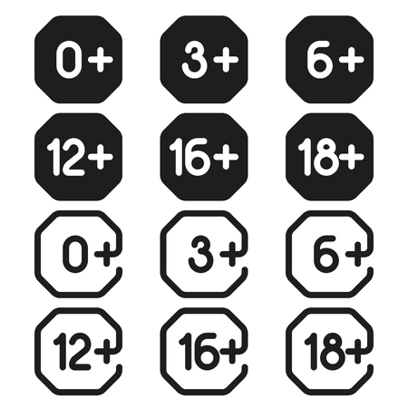 Set of age restriction signs. Age limit from zero to eighteen. Vector outline icon.のイラスト素材