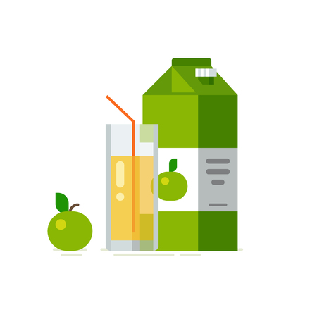 Apple juice in glass. Apple juice in carton box. Vector illustration. Flat design styleのイラスト素材
