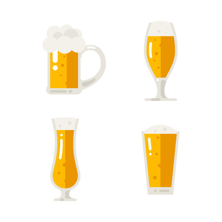 Set of beer icons. Beer bottle, glass, pint. Oktoberfest. Vector flat illustration isolated on white background.のイラスト素材