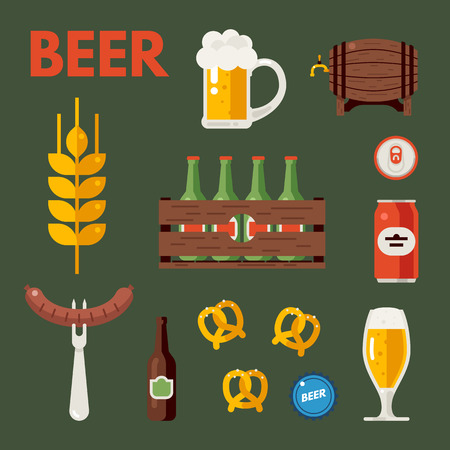 Beer bottle, glass and cups. Wooden barrel, wooden crate with bottles. Beer snacks. Set of vector beer icons, signs, symbols, design elements. Oktoberfest beer vector set. Flat vector illustration.のイラスト素材