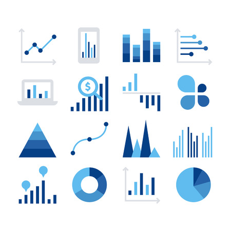 business data market elements dot bar pie charts diagrams and graphs flat icons set isolated vector illustrationのイラスト素材
