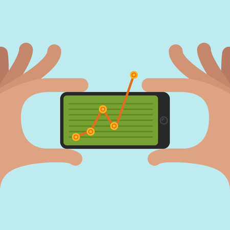 Hand holding smart phone with graphs on modern background. Flat design styleのイラスト素材