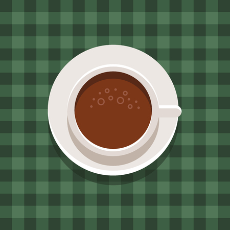 Cup of coffee icon. Top view. Morning drink. Coffee cup on chequered cloth. Vector flat illustrationのイラスト素材