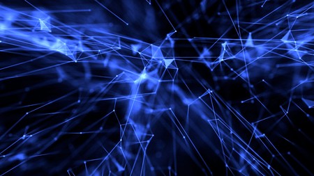 Abstract plexus atom connections through thread with particles blueの写真素材