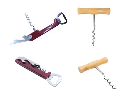 Red modern universal corkscrew. Classic wooden corkscrew for wine. Kitchen corkscrew isolated on whiteの写真素材