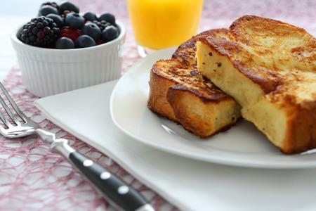French Toast and Blueberries in breakfast setting.の写真素材