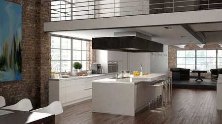 Modern loft with a kitchen and living room. 3d renderingの写真素材