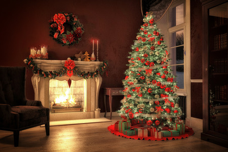 Christmas scene with tree gifts and fire in background. 3D rendering Christmas scene with tree gifts and fire in background. 3D rendering