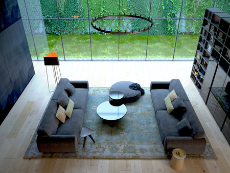 3D rendering of loft apartment interior with green plant wallの写真素材