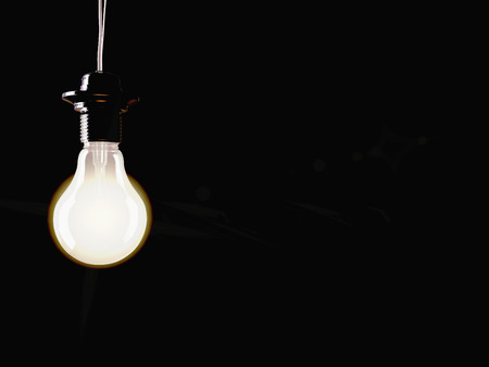 An illuminated fluorescent light bulb connected to an electrical cableの写真素材