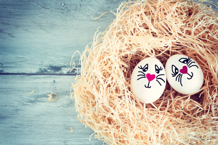 White egg with funny face in strawの写真素材