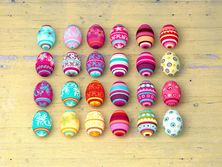 Easter eggs on wooden table background with copy spaceの写真素材