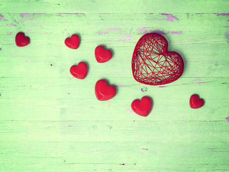 red heart on wooden background, Valentines Day backgroundの写真素材