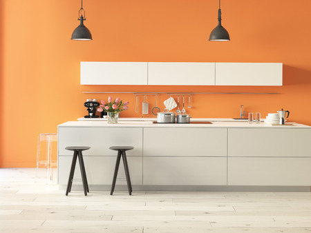 3d rendering. Luxurious kitchen with stainless steel appliances in a modern apartmentの写真素材
