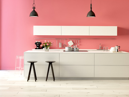 3d rendering. Luxurious kitchen with stainless steel appliances in a modern apartmentの写真素材