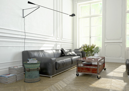 living room with a modern couch in an apartment. 3d renderingの写真素材