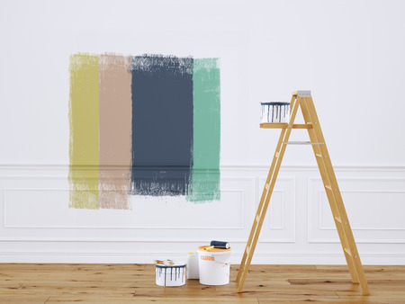 Painting walls in room with ladder. 3d renderingの写真素材
