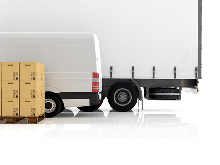 a forklift loading a truck. 3d renderingの写真素材