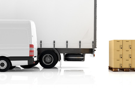 a forklift loading a truck. 3d renderingの写真素材