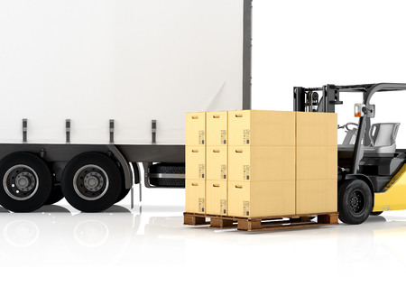 a forklift loading a truck. 3d renderingの写真素材