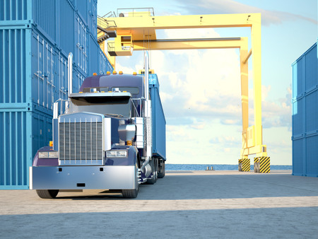 Stack of Freight Containers at the Docks with Truck. 3d renderingの写真素材