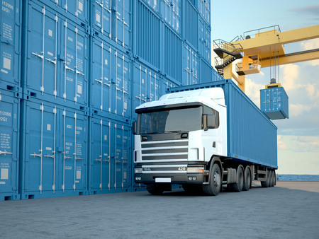 Stack of Freight Containers at the Docks with Truck. 3d renderingの写真素材