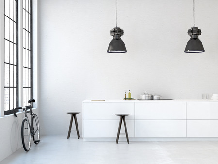 interior, beautiful kitchen of an old loft. 3d rendering interior, beautiful kitchen of an old loft. 3d rendering