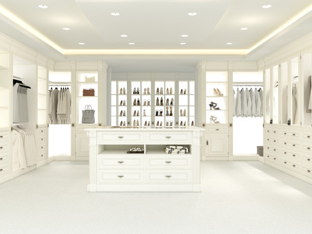 an american luxury walkin closet with many space. 3d rendering