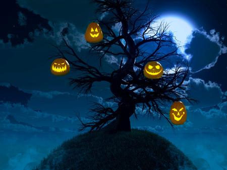 Halloween design - Forest pumpkins. Horror background with autumn valley with woods, spooky tree, pumpkins and spider web. Space for your Halloween holiday text.の写真素材