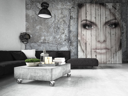 living room of a penthouse placed in loft. 3d renderingの写真素材
