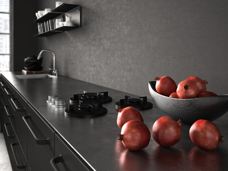 interior, beautiful kitchen of an old loft.3d renderingの写真素材