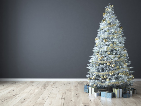 Christmas tree with gifts on grey background. 3d renderingの写真素材