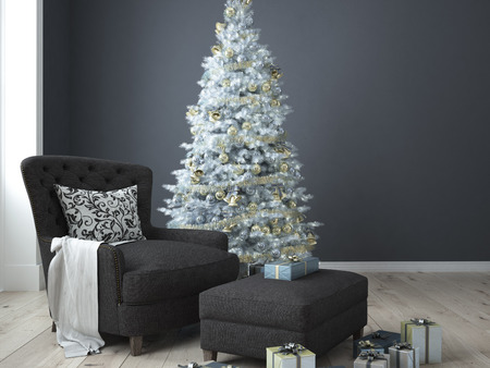 Christmas living room with a christmas tree. 3d renderingの写真素材
