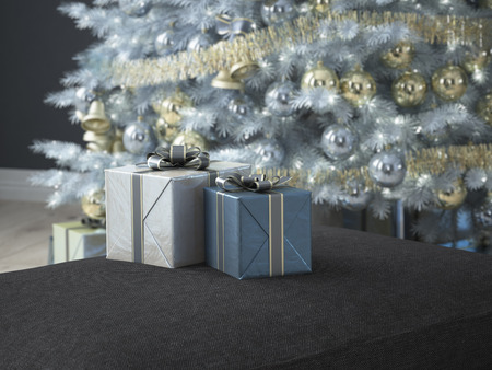 Christmas living room with a christmas tree. 3d renderingの写真素材