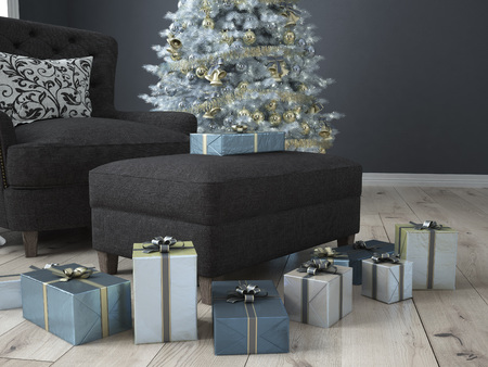 Christmas living room with a christmas tree. 3d renderingの写真素材