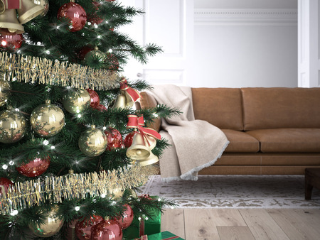 Christmas living room with a christmas tree. 3d renderingの写真素材