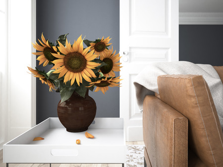 Still life with sunflowers in a interior. 3d renderingの写真素材