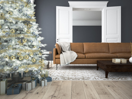 Christmas living room with a christmas tree. 3d renderingの写真素材
