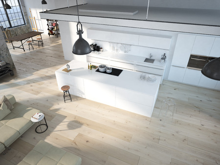 Modern loft with a kitchen and living room. 3d renderingの写真素材
