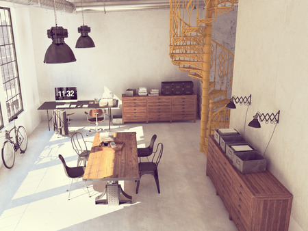 Spiral stairs and living room in modern loft.3d renderingの写真素材