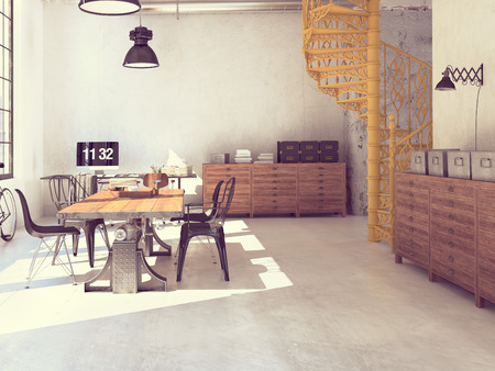 Spiral stairs and living room in modern loft.3d renderingの写真素材