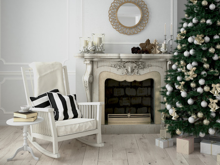 christmas decorated room with a fireplace. 3d renderingの写真素材