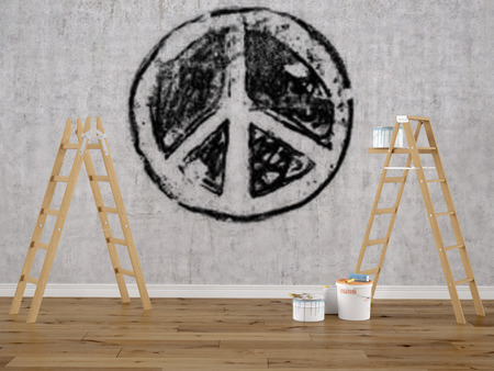 faded peace sign on a concrete textured wall. 3d renderingの写真素材