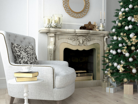Christmas living room with a tree and fireplace. 3d renderingの写真素材